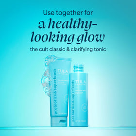 TULA clarifying tonic on bathroom shelf with skincare for daily routine setup