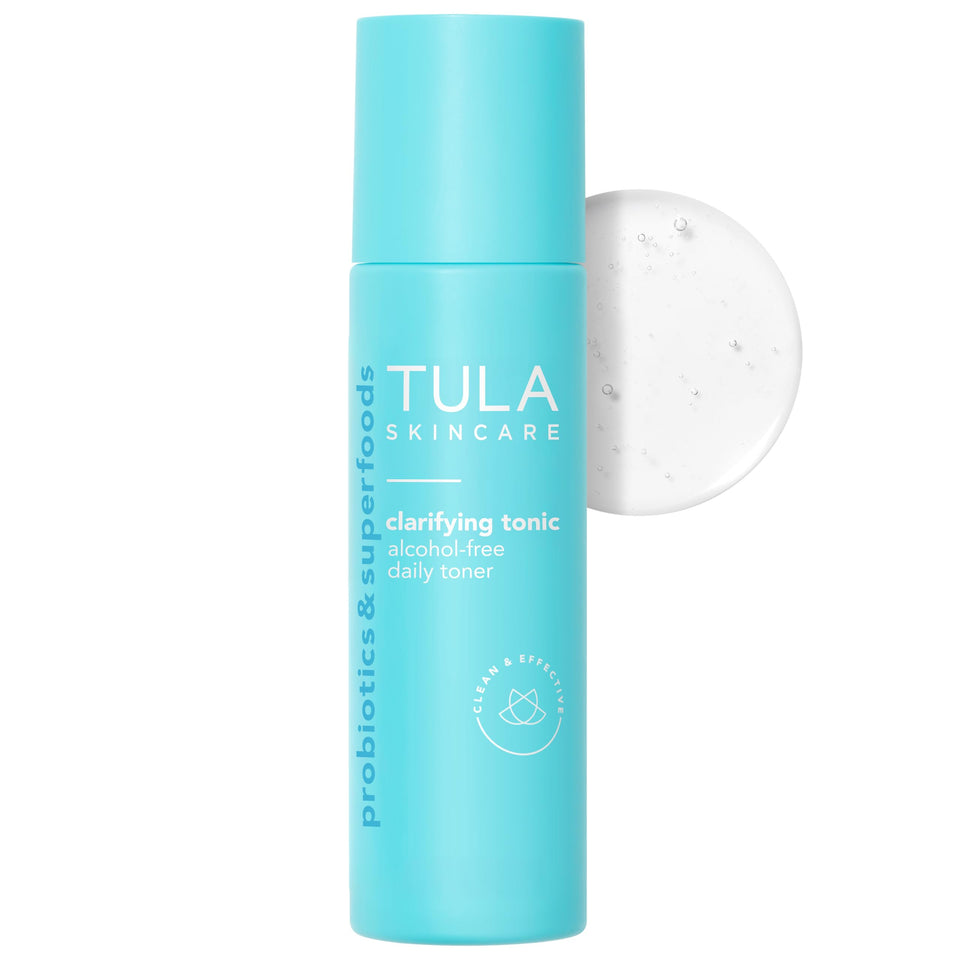 TULA clarifying tonic front packaging showing bottle and label benefits