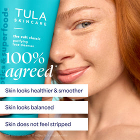 TULA cleanser placed on bathroom shelf illustrating daily routine