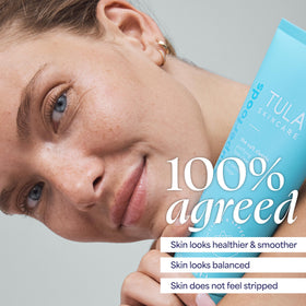 TULA cleanser pump detail highlighting easy dispensing and controlled use
