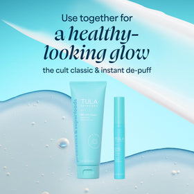 TULA serum on bathroom counter in morning routine, helps refresh eyes