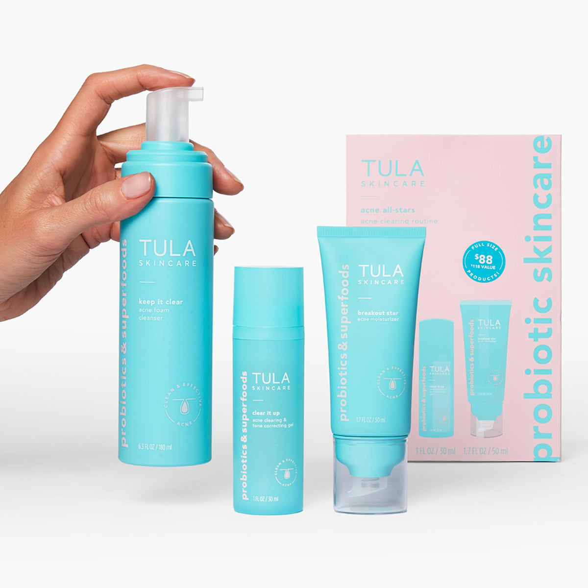 TULA three-piece kit arranged on bathroom counter conveying a cohesive daily routine