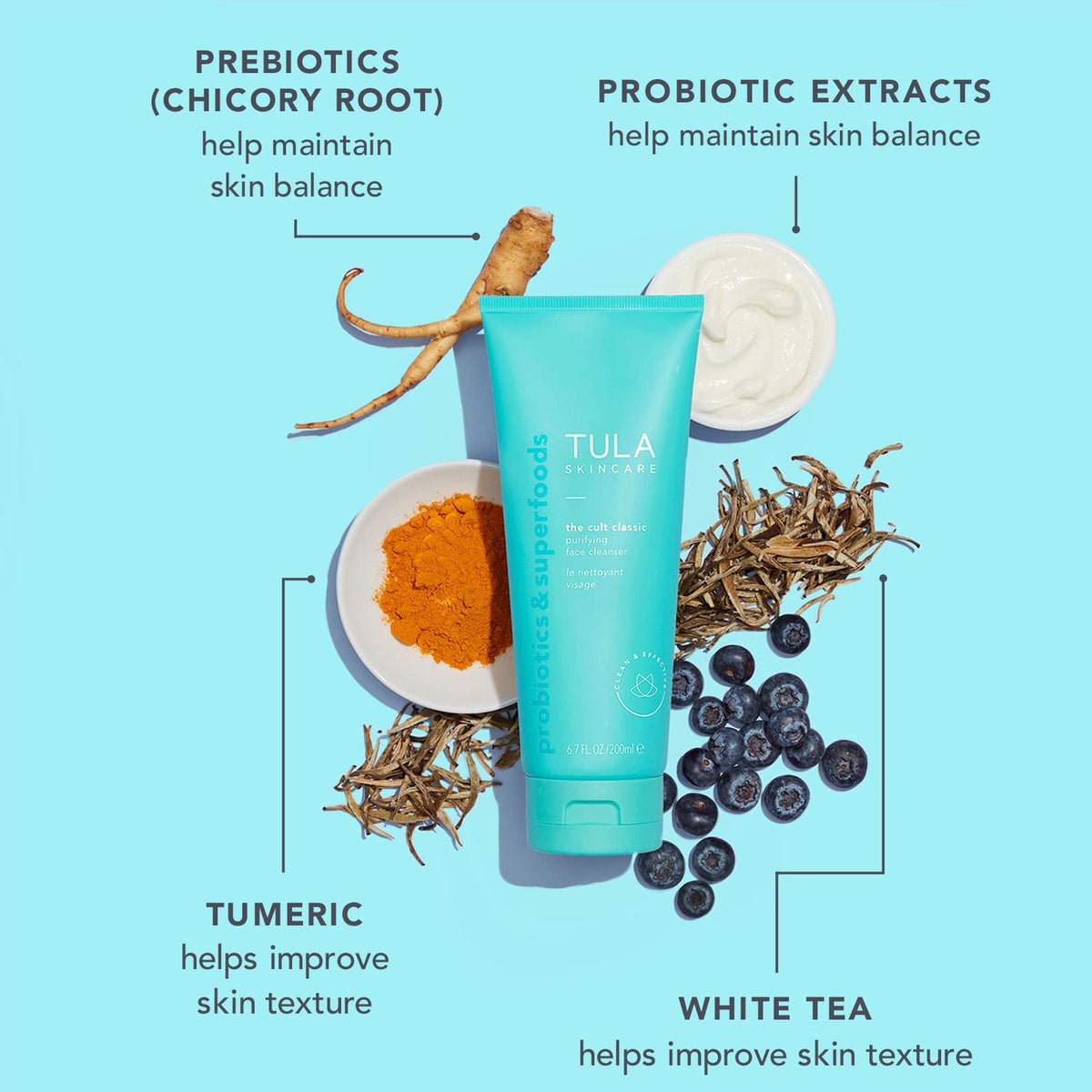 TULA products on a bathroom counter as used in a morning routine to create a radiant look