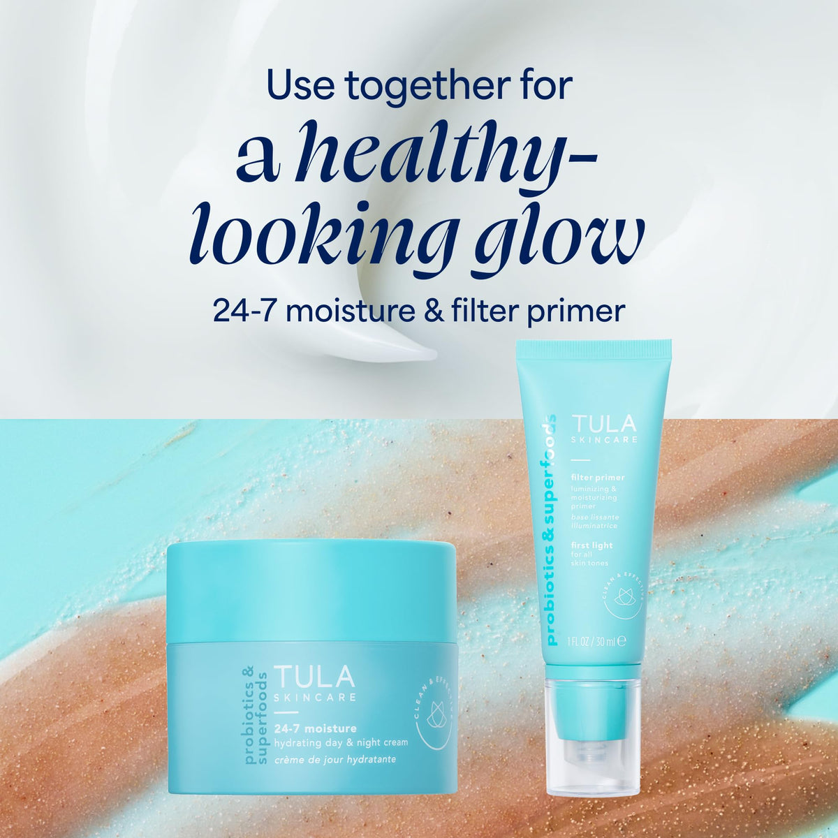 TULA Magic Hour staged with makeup kit lifestyle shot showing priming for longer wear