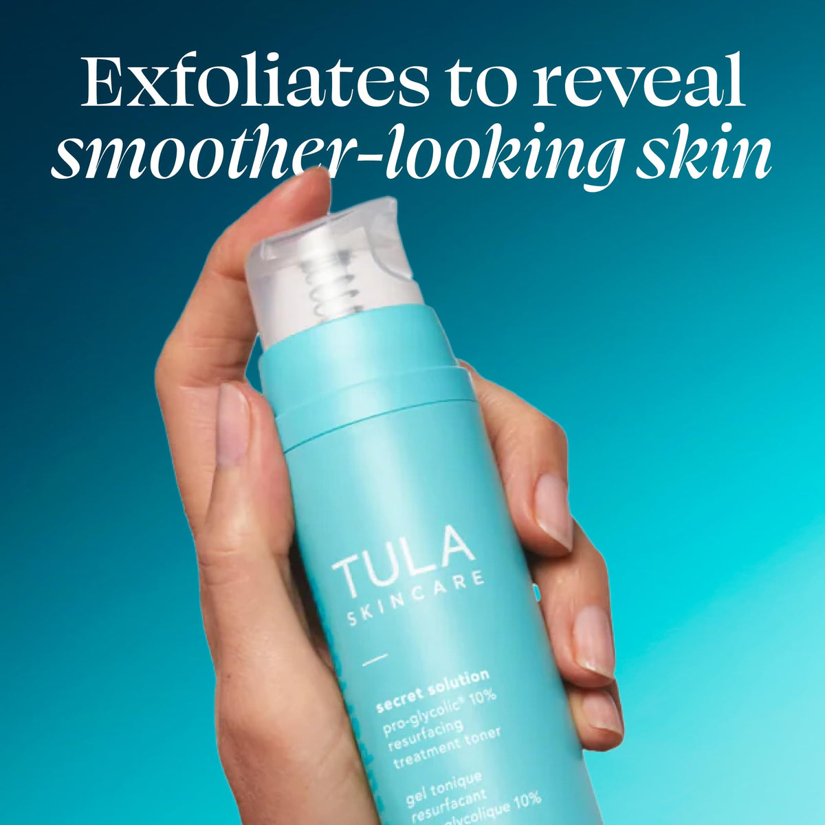 TULA label close-up showing Pro-Glycolic 10% details and key ingredient clarity