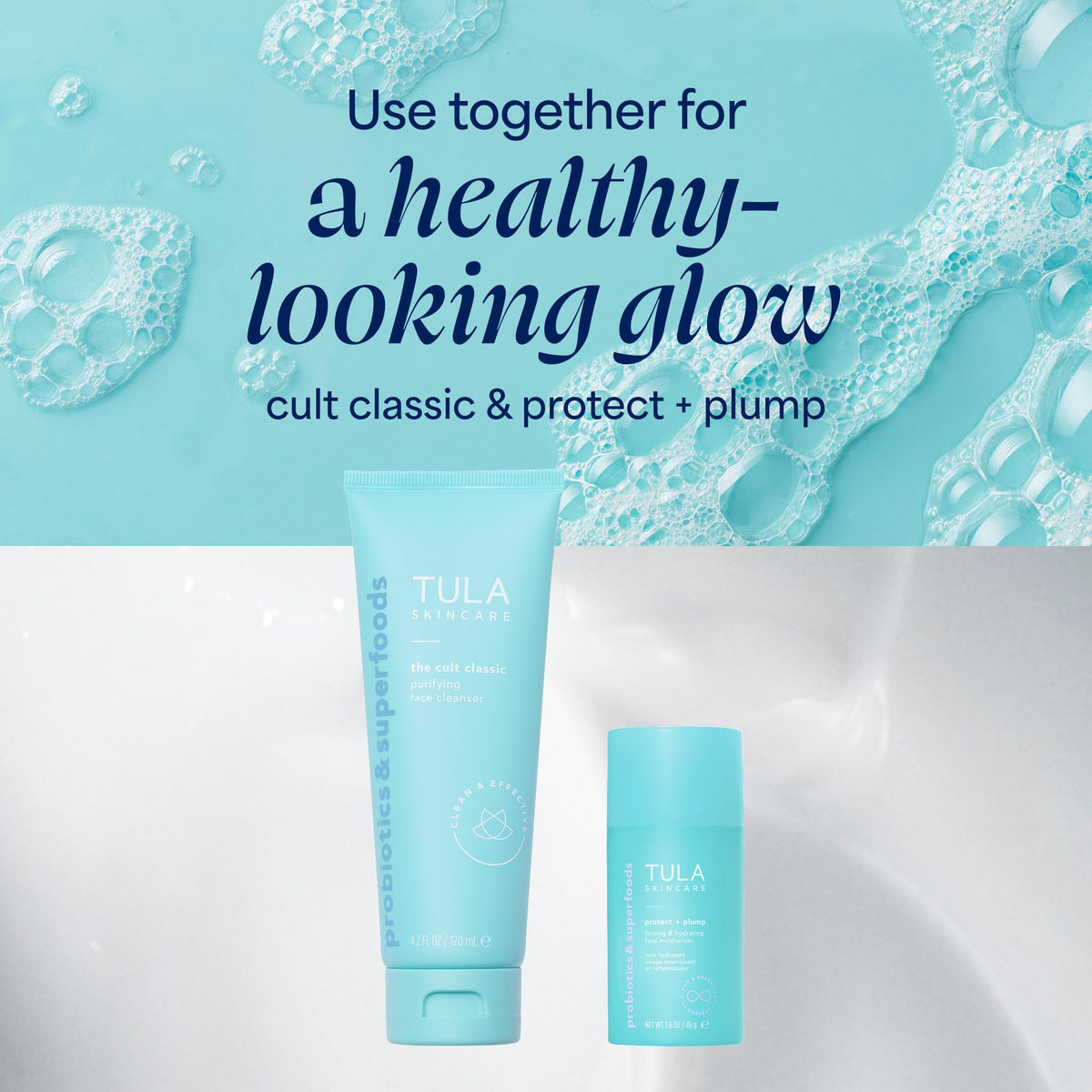 TULA moisturizer on bathroom shelf in lifestyle scene suggesting daily routine use
