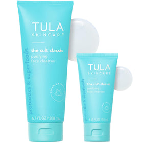 TULA purifying cleanser front packaging showing product benefits and sizes
