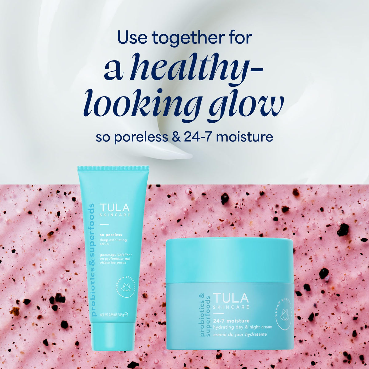 TULA paired with moisturizer and SPF illustrating post-exfoliation hydration and protection benefit