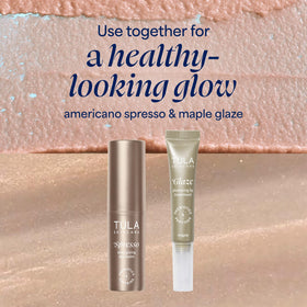 Skin close-up showing TULA Spresso bronzed luminous finish that enhances radiance