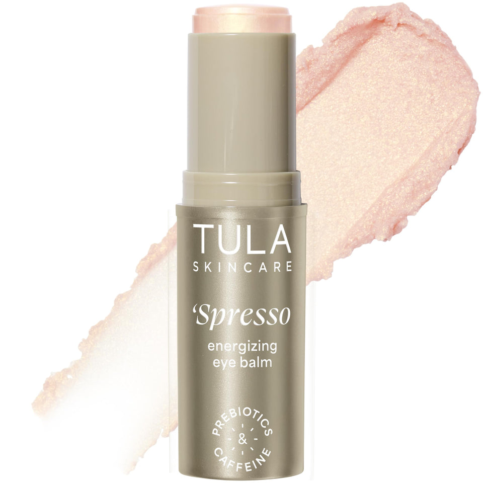 TULA Spresso eye balm front packaging showing product name and gold finish for quick brightness