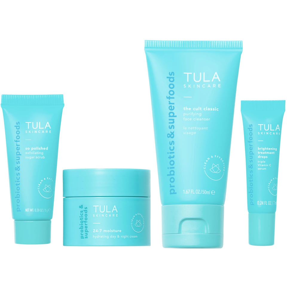 TULA travel kit front packaging showing all four items and easy portability