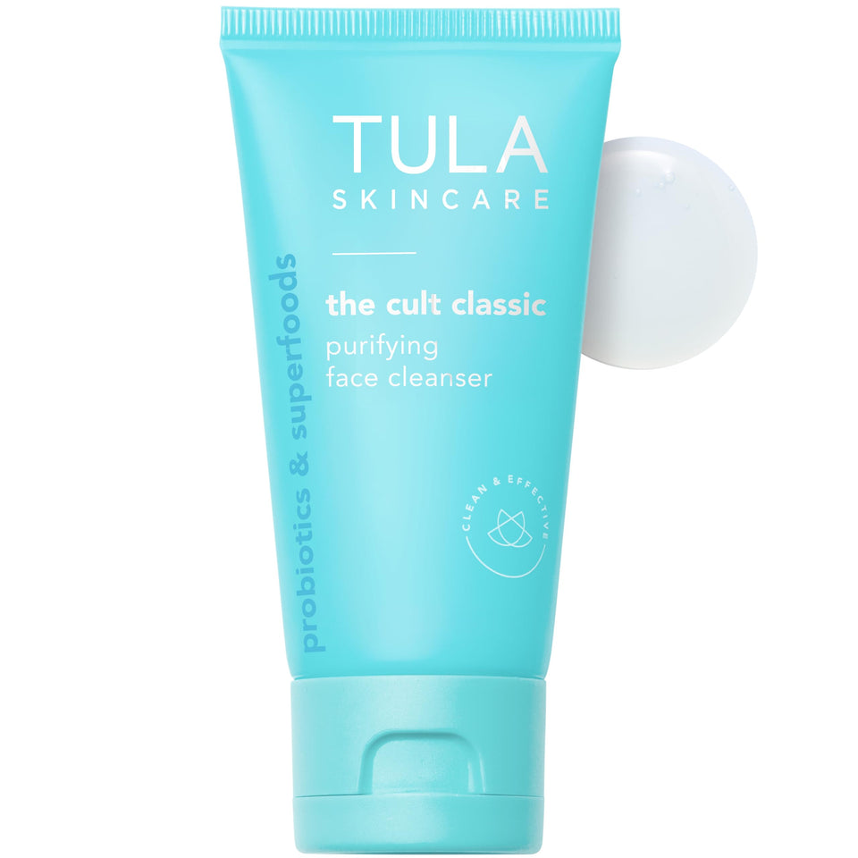 TULA travel tube front packaging showing compact cleanser for easy packing