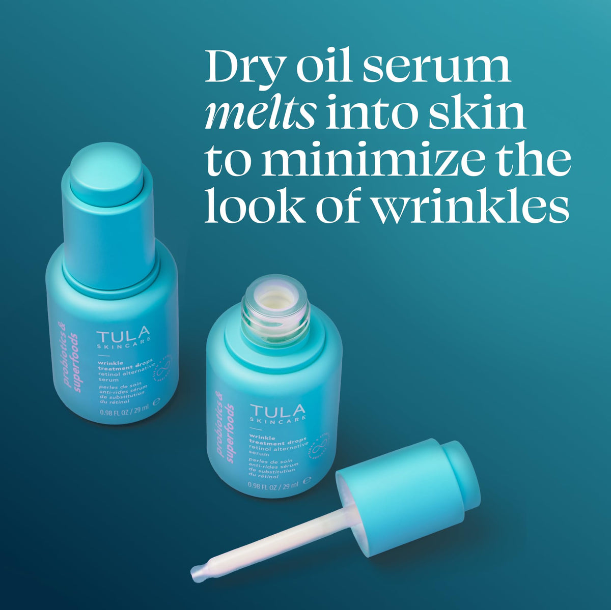 TULA serum texture on skin illustrating lightweight absorption benefit