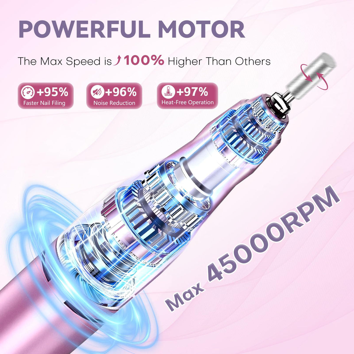 TUOBEO handpiece close-up emphasizing aluminum alloy grip and low vibration benefit