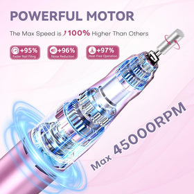TUOBEO handpiece close-up emphasizing aluminum alloy grip and low vibration benefit