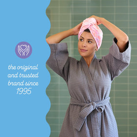 Turbie Twist folded for travel in a toiletry bag showing packing convenience