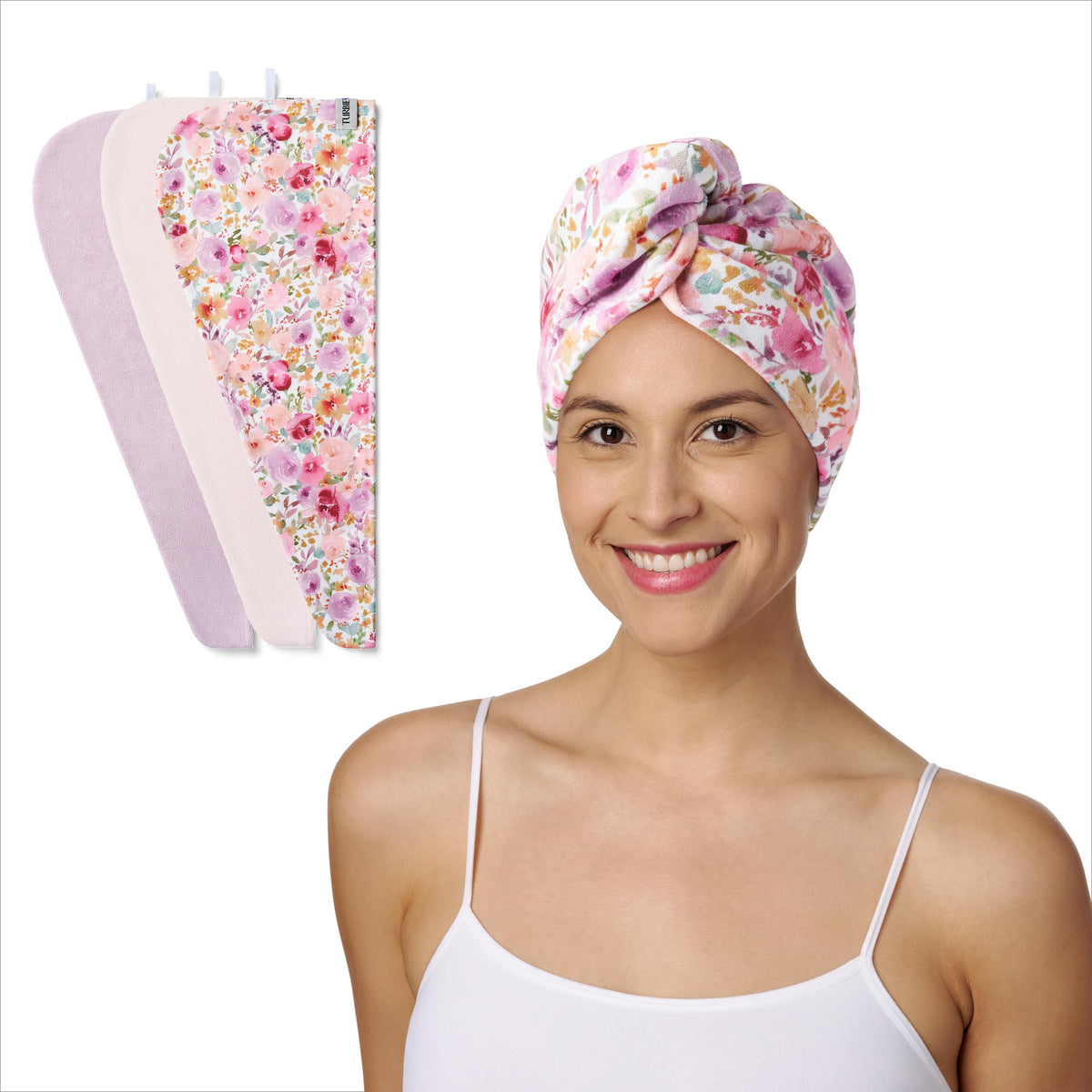 Turbie Twist front packaging floral pattern showing set benefits