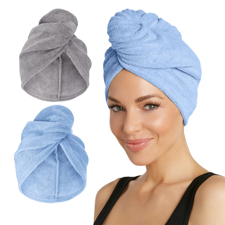 Turbie Twist front packaging showing grey and blue towels, convenient gift set