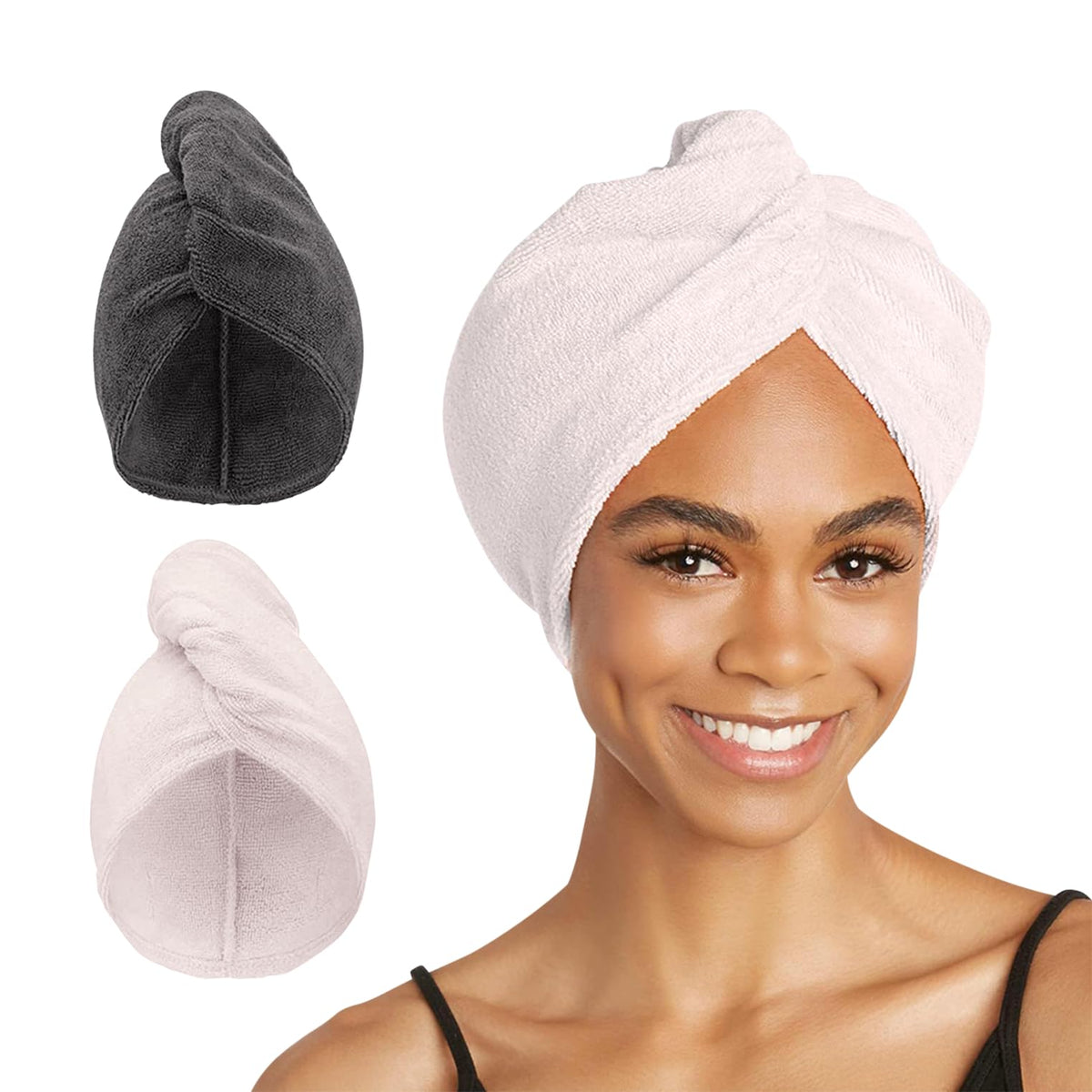 Turbie Twist front view showing grey and light pink towels and benefits