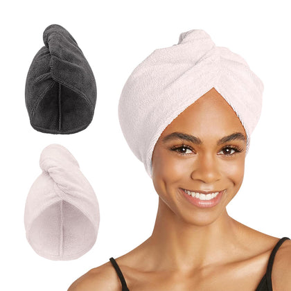 Turbie Twist front view showing grey and light pink towels and benefits