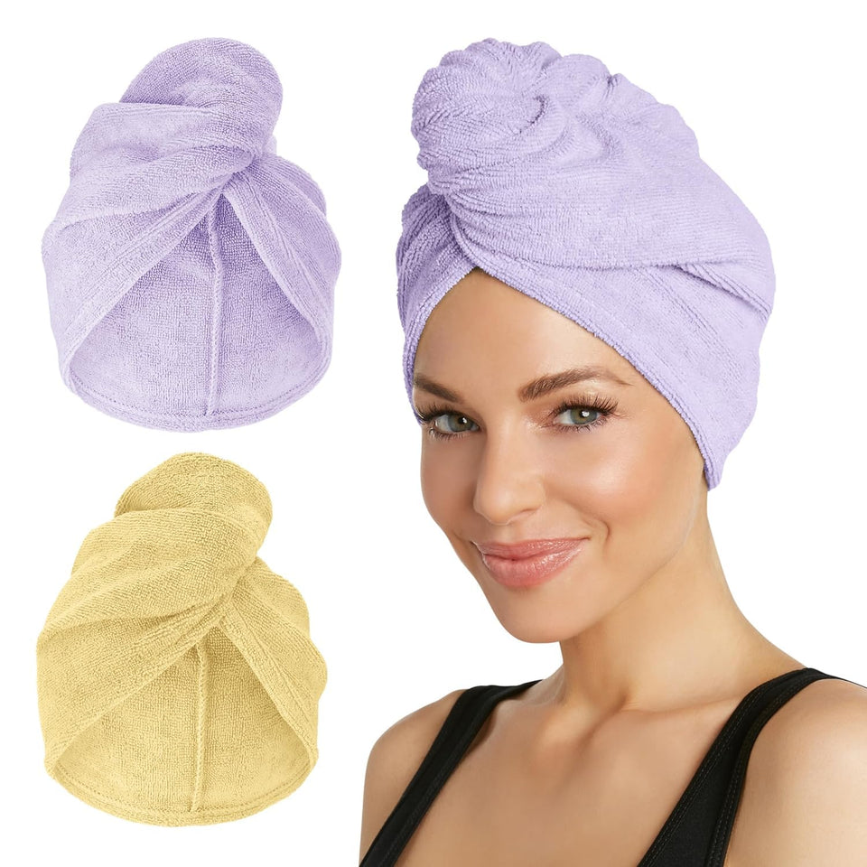 Turbie Twist front packaging showing lilac and lemon towels and benefits
