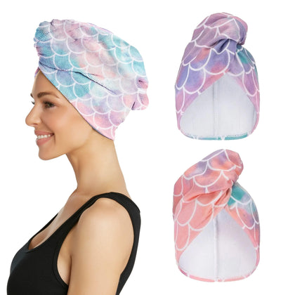 Turbie Twist front packaging in mermaid color showing two towels and benefits