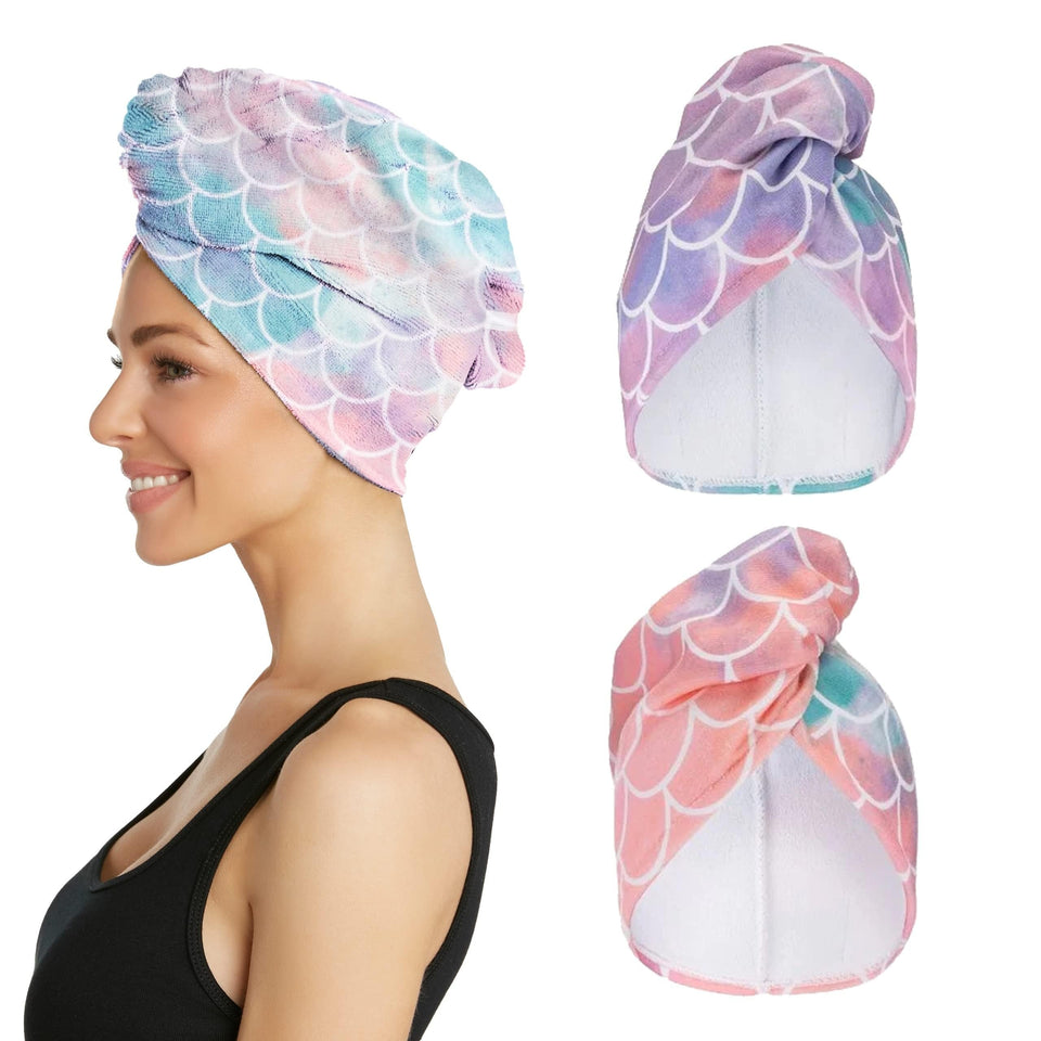 Turbie Twist front packaging in mermaid color showing two towels and benefits