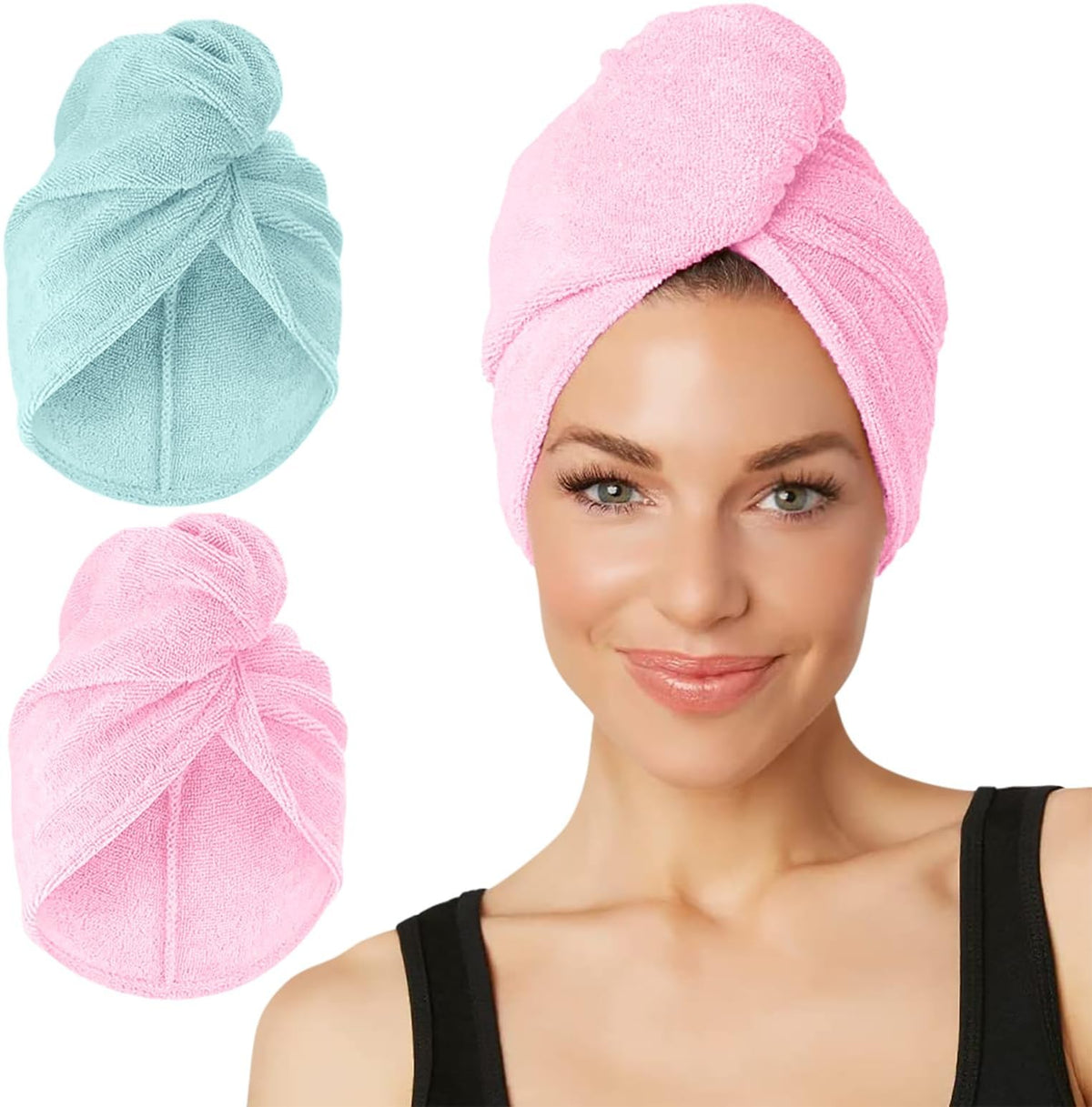 Turbie Twist front view of two-pack pink and mint, shows colors and compact benefit