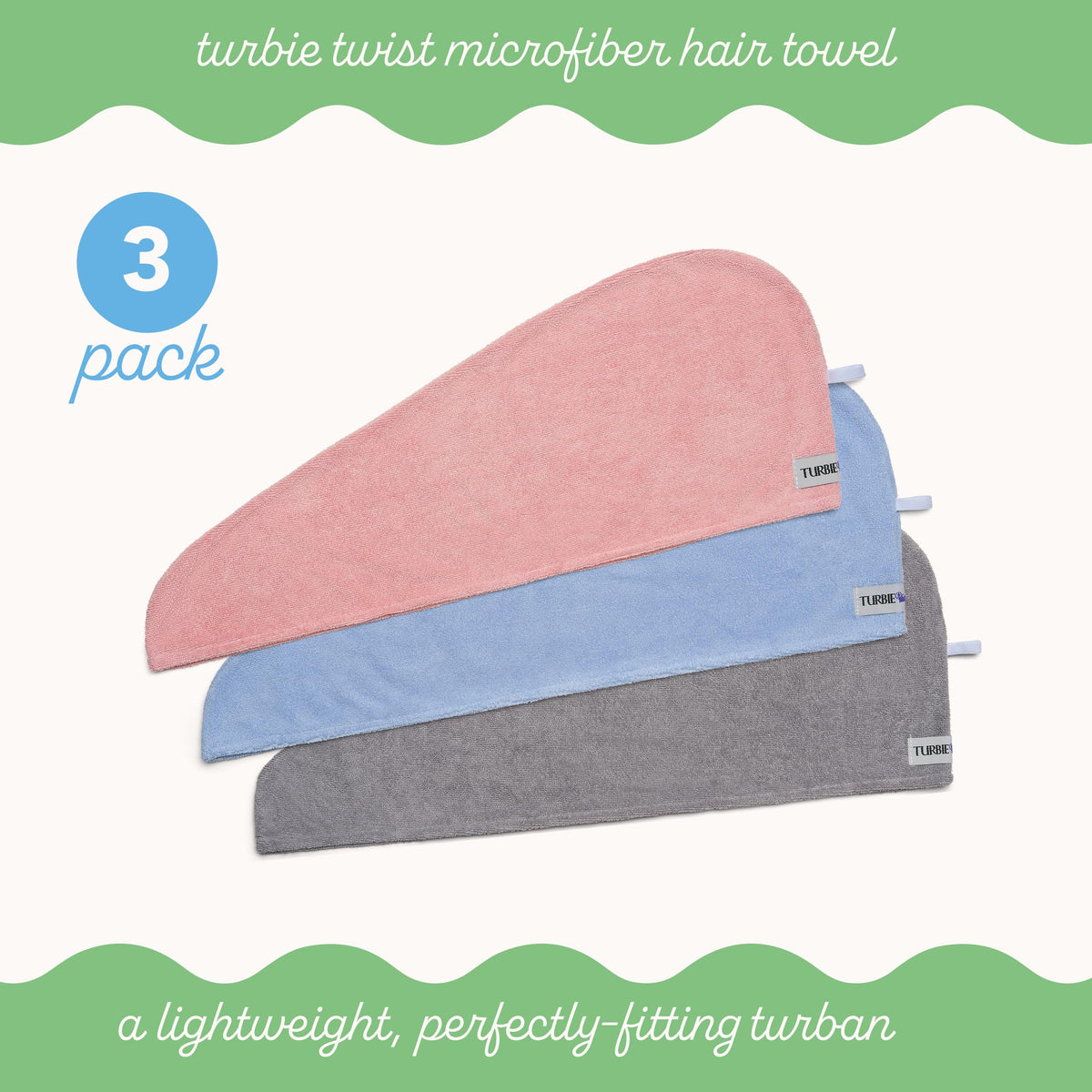 Turbie Twist worn on head with secure button, keeps hair contained during styling