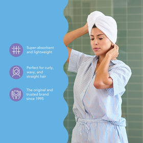 Model wearing Turbie Twist Peach turban illustrating reduced frizz during styling