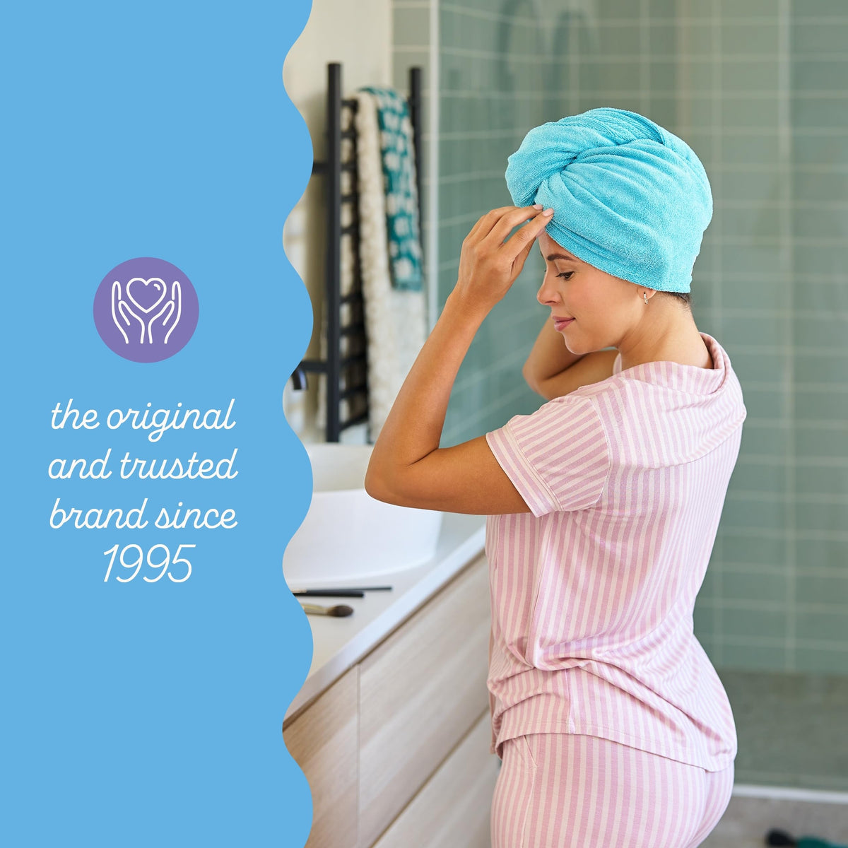 Turbie Twist folded compactly for travel and quick drying