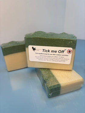 Turkeywoods Farm Tick me Off close-up of green textured cap and soap texture, highlighting handcrafted detail