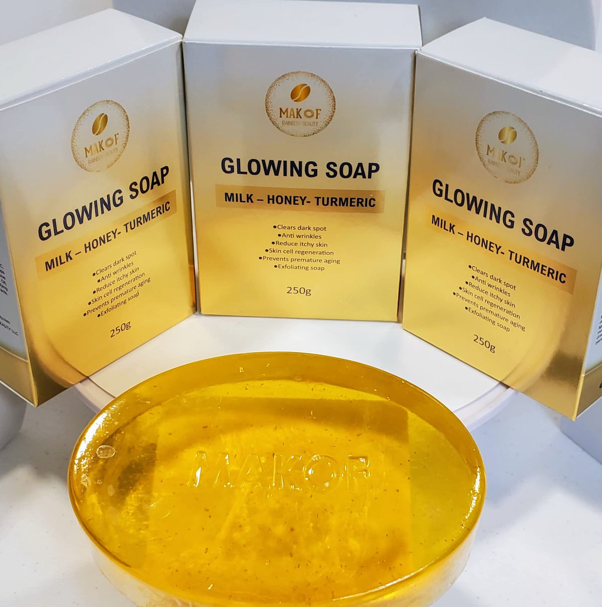 Generic turmeric-honey-milk soap front packaging shows brand and benefits