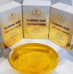 Generic turmeric-honey-milk soap front packaging shows brand and benefits