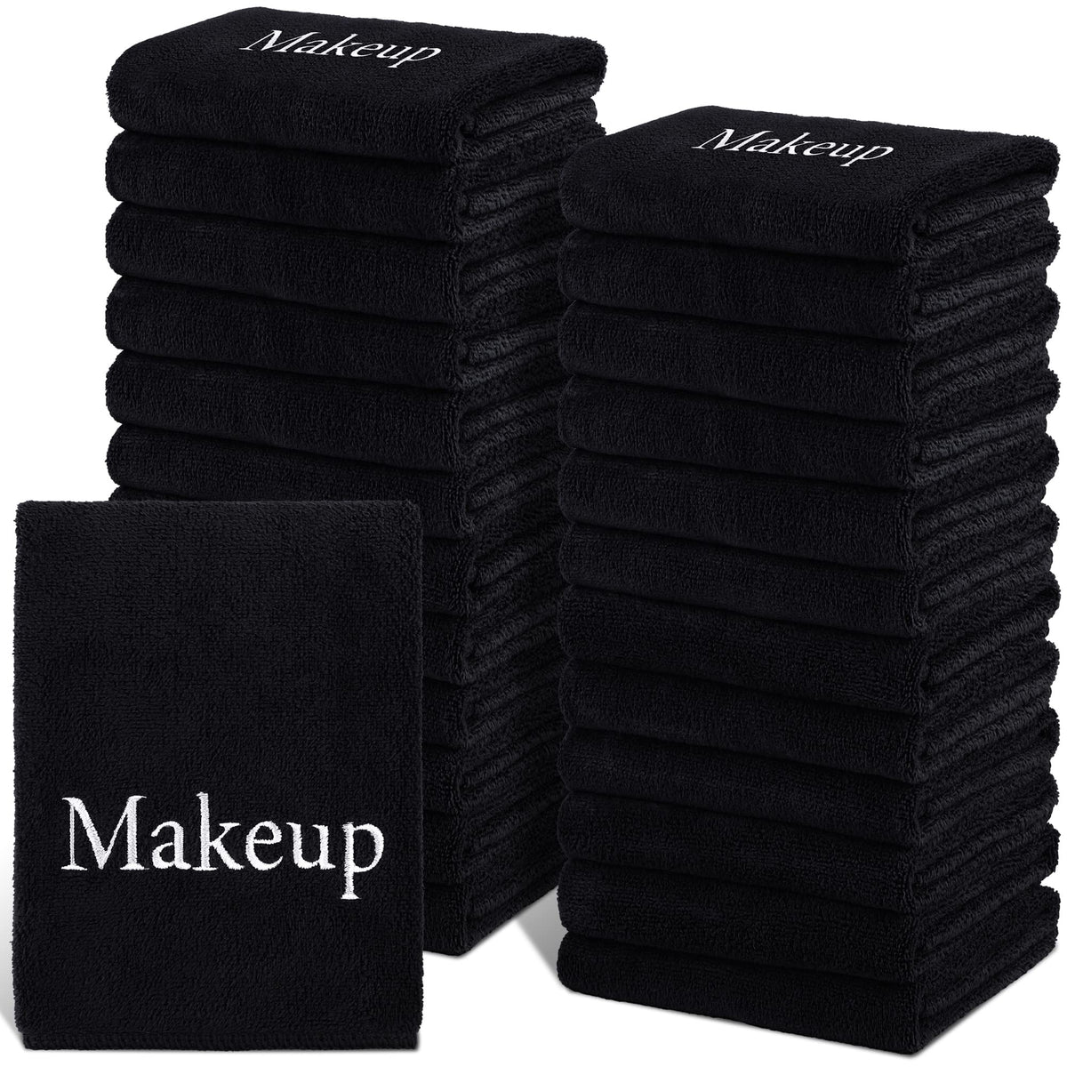 TURSTIN front stack of 24 black towels showing bulk supply benefit