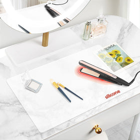 TWAKAP front view of mat protecting vanity surface, shows neat organization