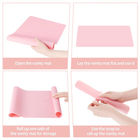 TWAKAP mat in use with makeup setup keeps vanity clean