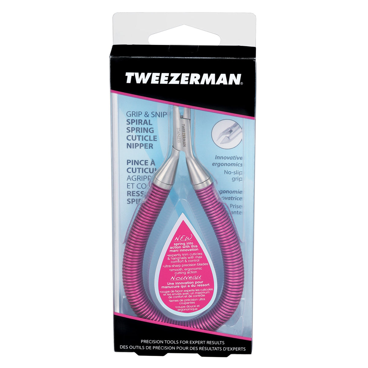 Tweezerman size comparison with fingertip showing compact scale for precise maneuvering benefit