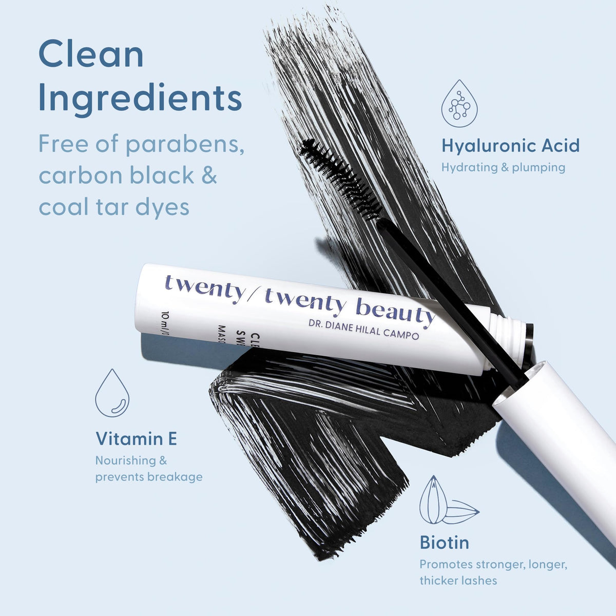 twenty/twenty beauty glossy mascara texture drop showing nourishing formula benefits
