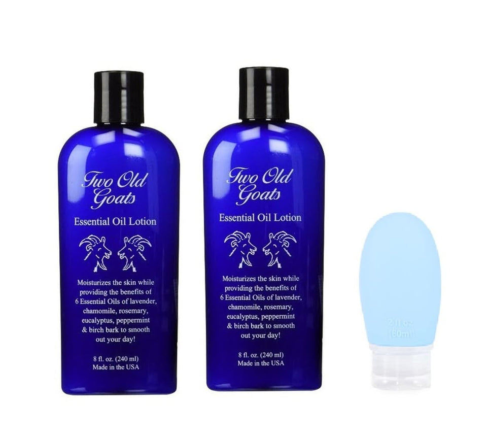 Two Old Goats lotion front packaging showing pump and nourishing benefits
