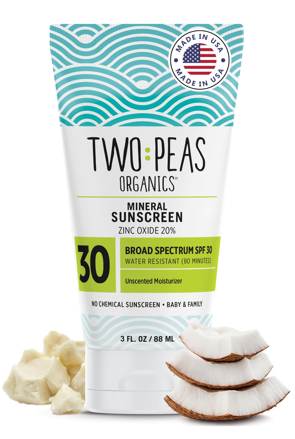 Two Peas Organics front tube showing SPF and unscented benefit