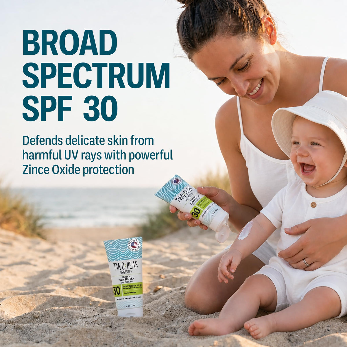 Two Peas Organics label close-up showing non-nano zinc and reef-safe claims