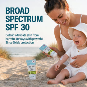 Two Peas Organics label close-up showing non-nano zinc and reef-safe claims