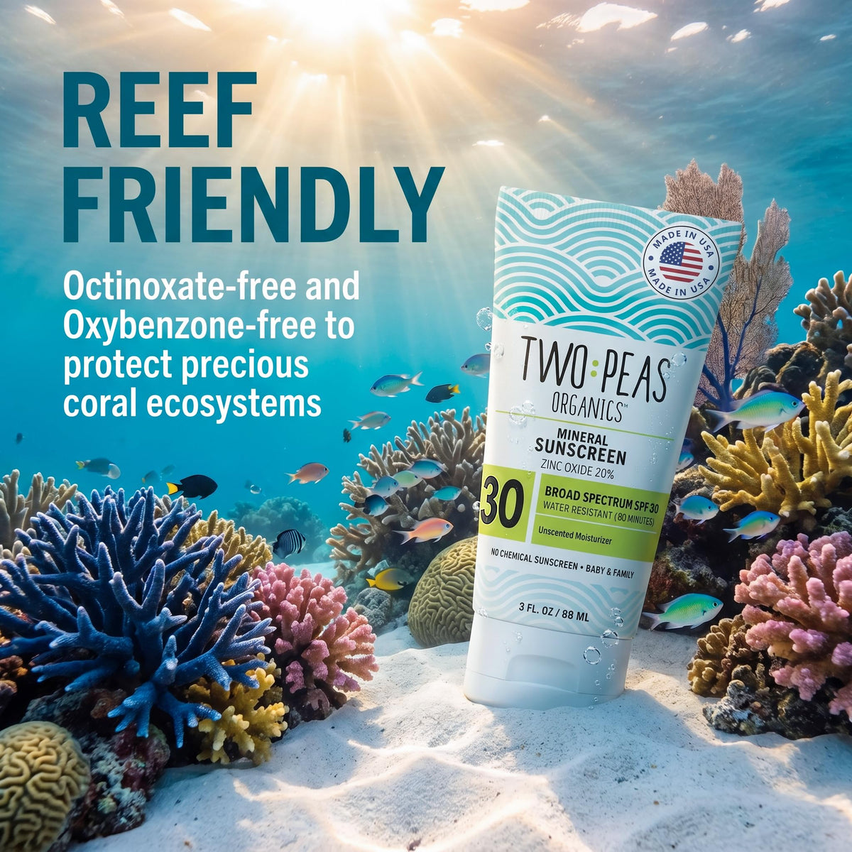 Two Peas Organics tube in travel bag for on-the-go sun protection