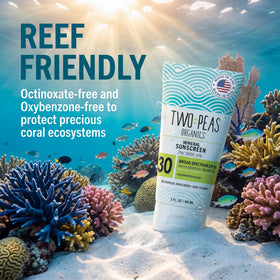 Two Peas Organics tube in travel bag for on-the-go sun protection
