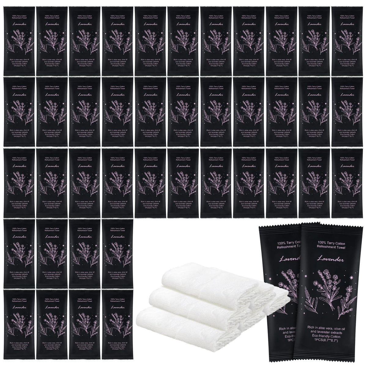 twoworld front packaging showing 100 individually wrapped lavender towels and bulk convenience
