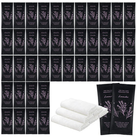 twoworld front packaging showing 100 individually wrapped lavender towels and bulk convenience