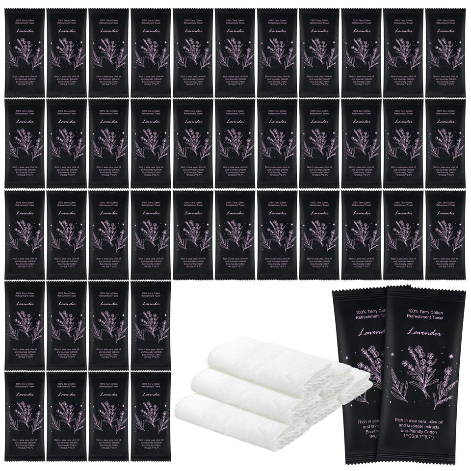 twoworld front packaging showing 100 individually wrapped lavender towels and bulk convenience