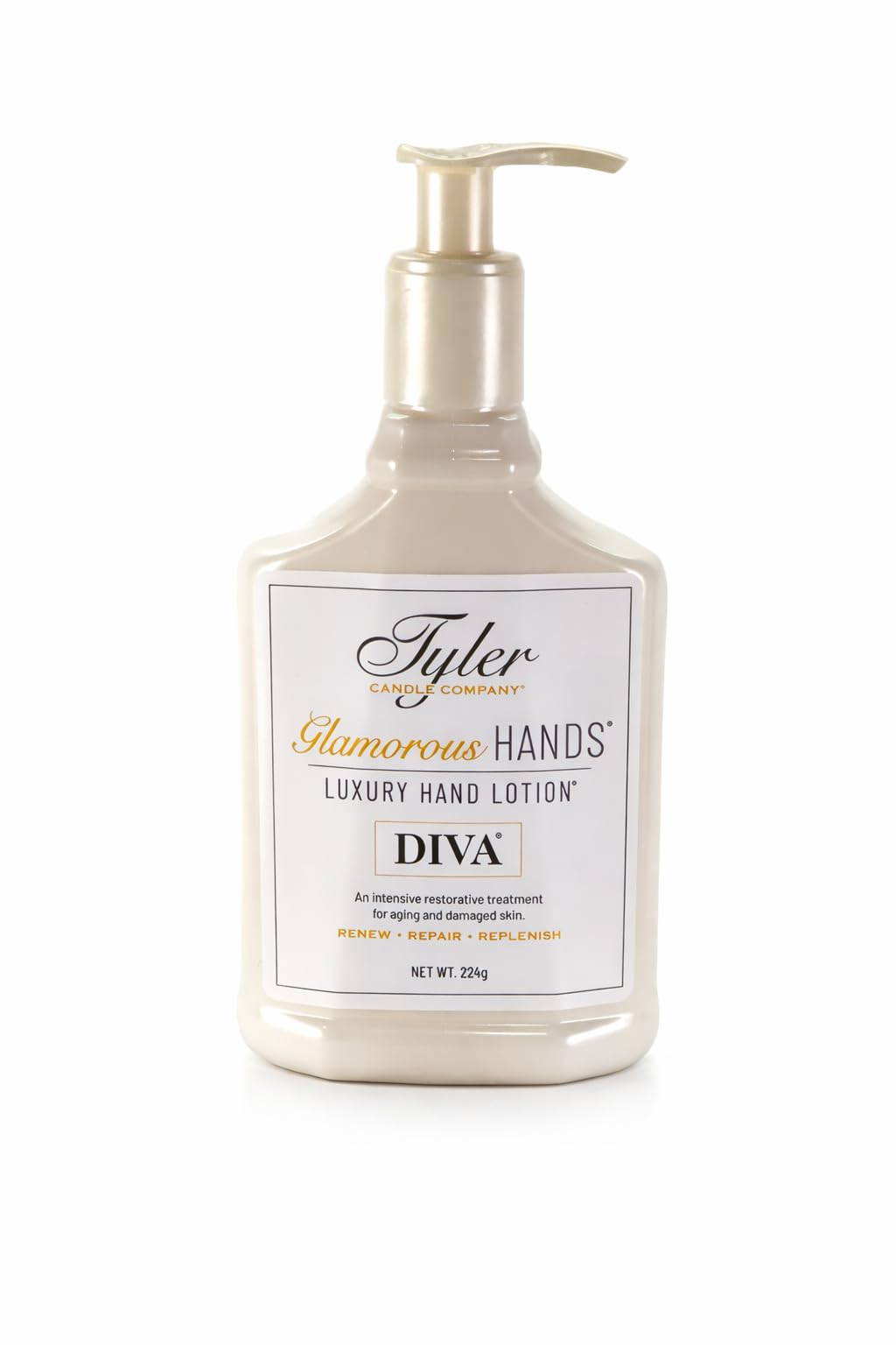 TYLER CANDLE COMPANY front bottle shows 8 oz Diva and easy-pour benefit