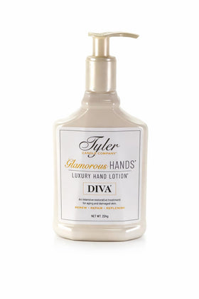 TYLER CANDLE COMPANY front bottle shows 8 oz Diva and easy-pour benefit